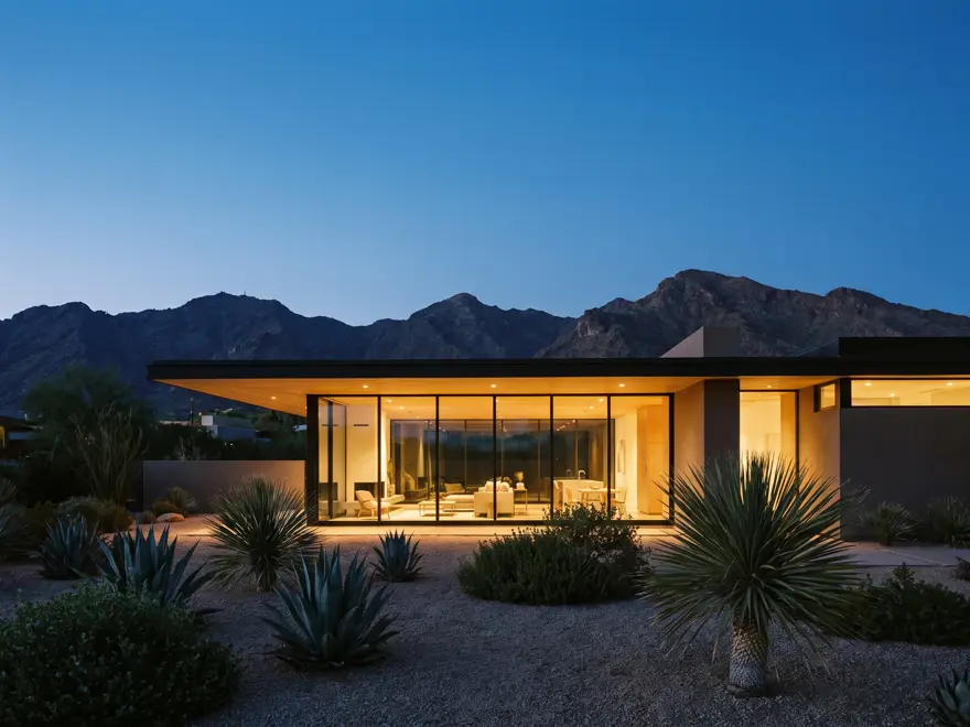 Desert modern home at dusk