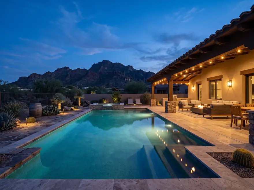 Pool and covered patio at twilight