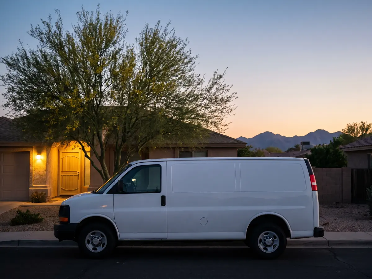 Service van parked outside a home at dusk